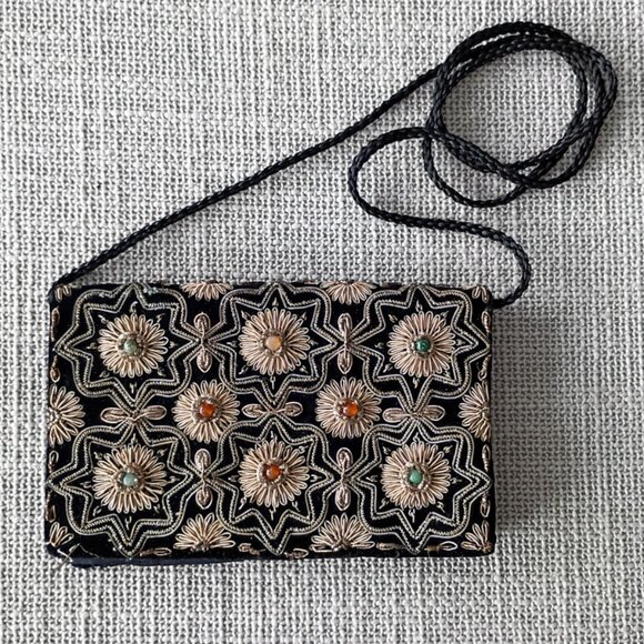 Vintage Beaded Black Gold Embroidered Floral Crossbody Bag Boho Evening Purse - Picture 1 of 6